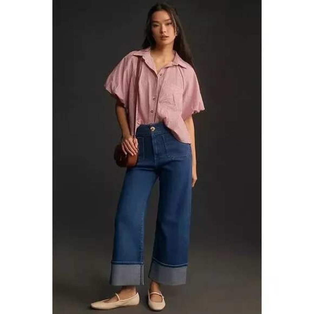 Maeve Colette high rise wide leg cuff jeans size 31‎ blue denim $148